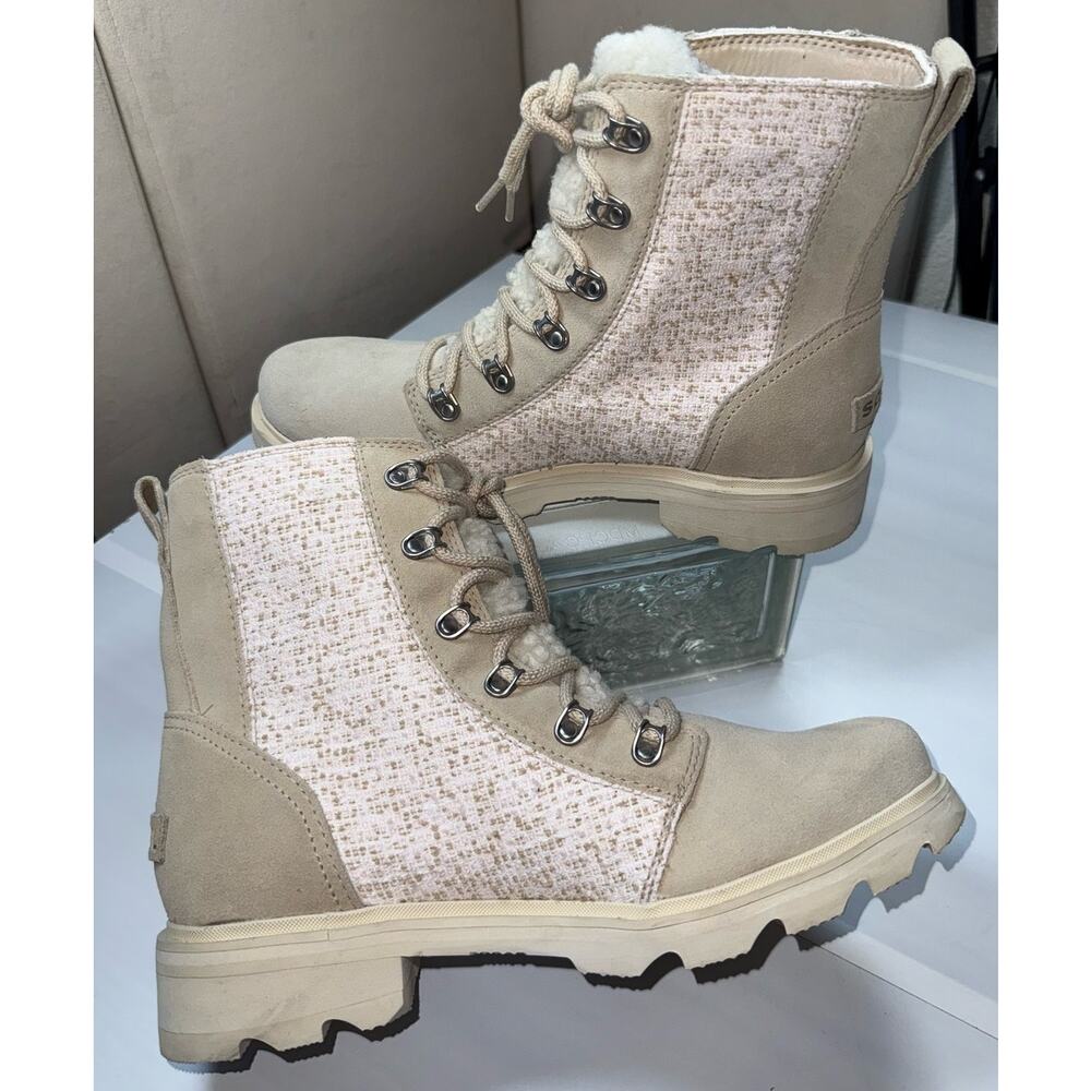 SOREL Lennox Cozy Moto Boots Sz 10.5 Shearling Lined Beige Suede Tweed Combat - Picture 7 of 9